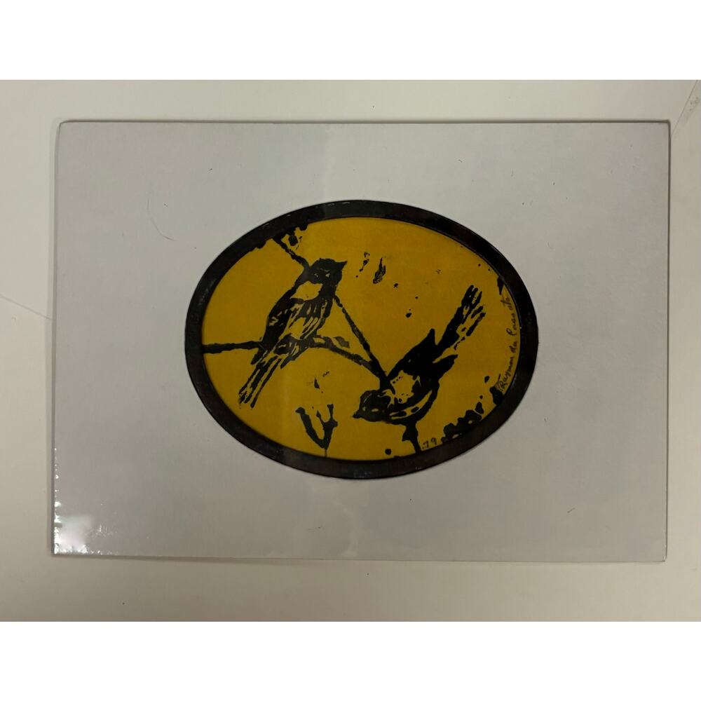 Vintage mid century linoleum block print art birds